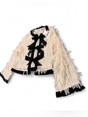 ZARA NWT Lace Fringe Jacket Bow Tie Front Cream Black Romantic Blazer XL